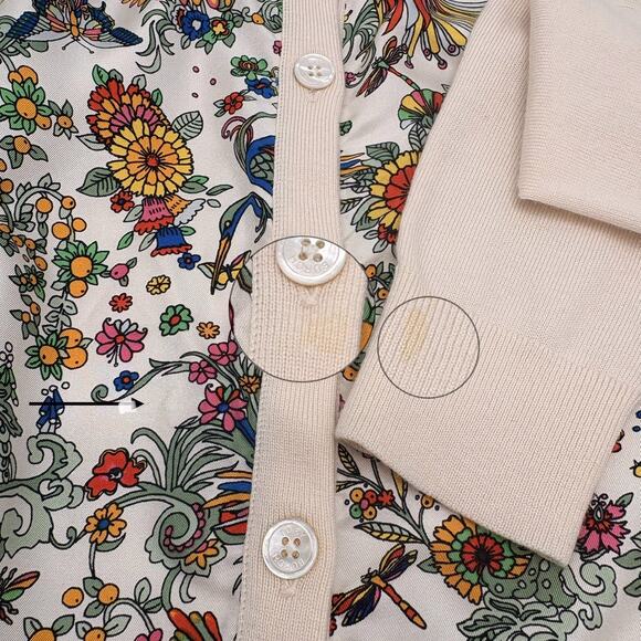 Tory Burch Silk Front Wool Cardigan Sweater Floral Peacock Cream Button-up READ - Picture 16 of 16
